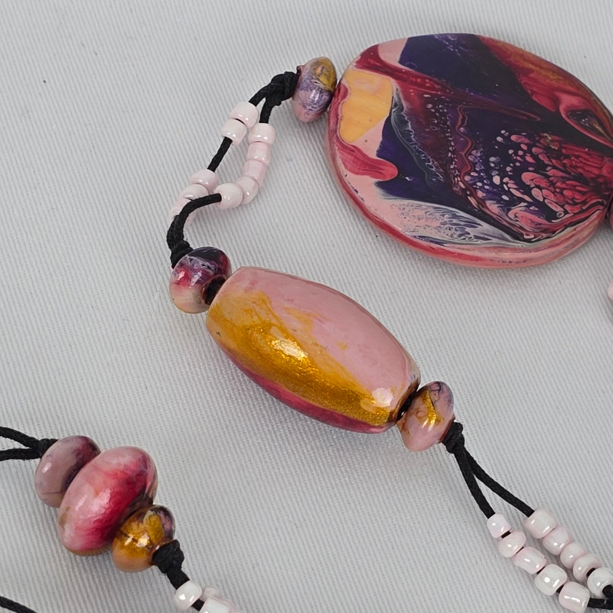 Artisan Style Beaded Statement Necklace Pink Marbled Disc Long Boho Handmade