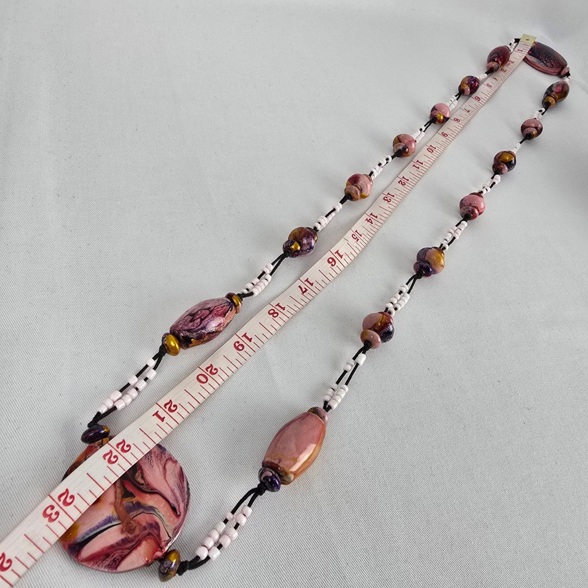 Artisan Style Beaded Statement Necklace Pink Marbled Disc Long Boho Handmade