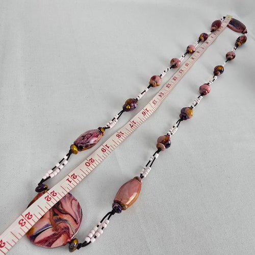 Artisan Style Beaded Statement Necklace Pink Marbled Disc Long Boho Handmade