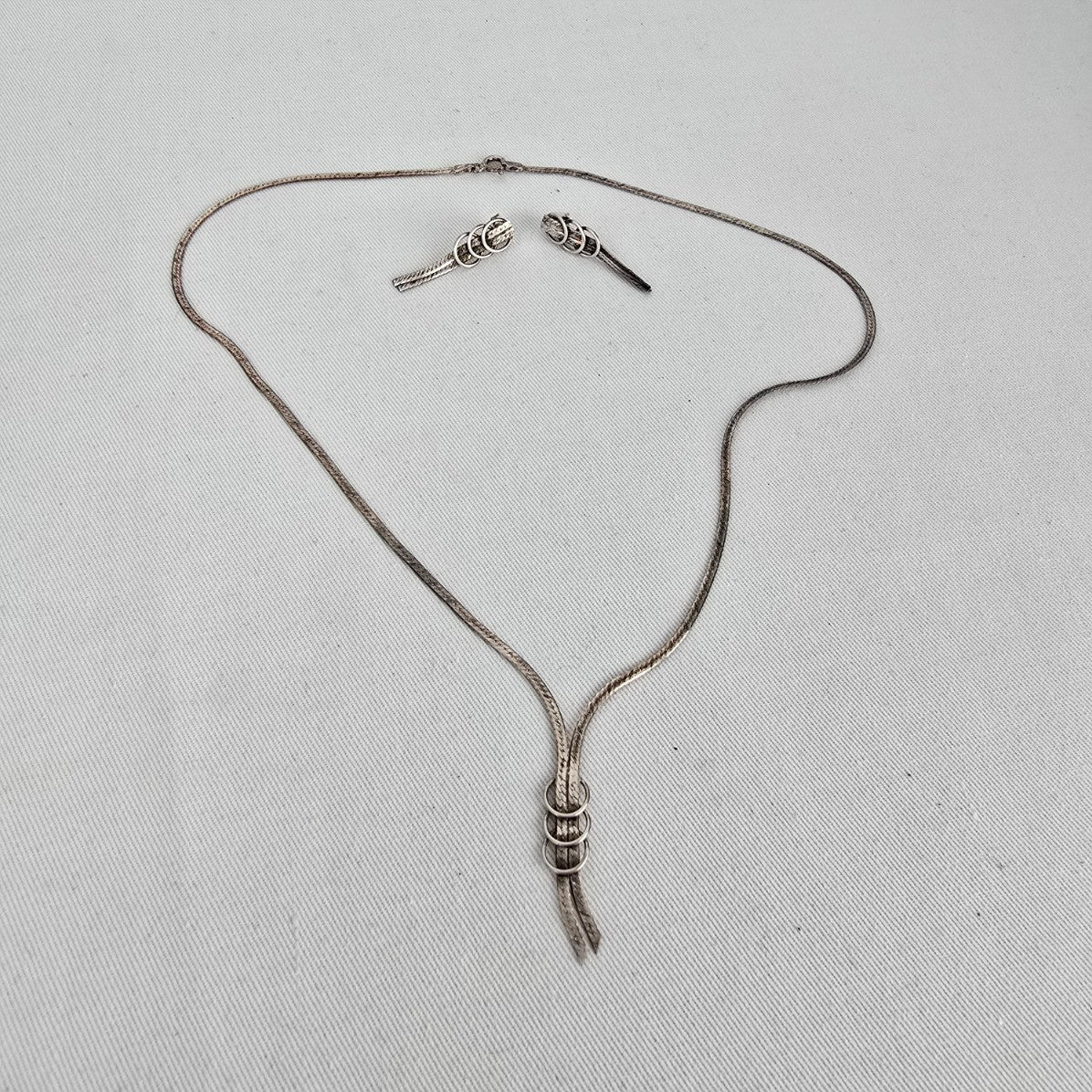 Italy 925 Sterling Silver Snake Chain Lariat Y Necklace Earring Set Minimalist