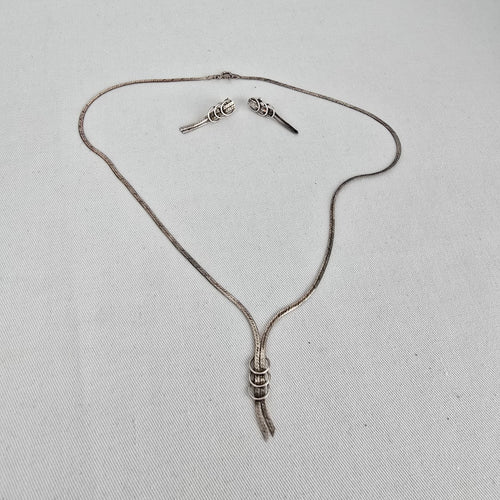 Italy 925 Sterling Silver Snake Chain Lariat Y Necklace Earring Set Minimalist