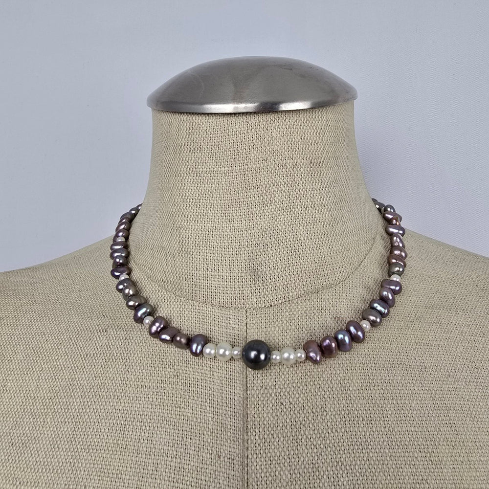 Vintage Baroque Freshwater Pearl Necklace Purple Grey White Pearls Floral Clasp