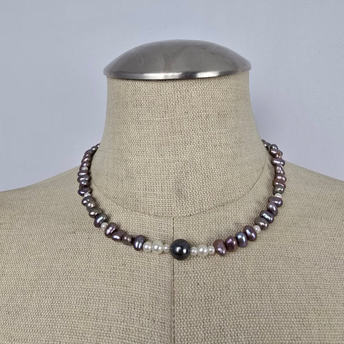 Vintage Baroque Freshwater Pearl Necklace Purple Grey White Pearls Floral Clasp