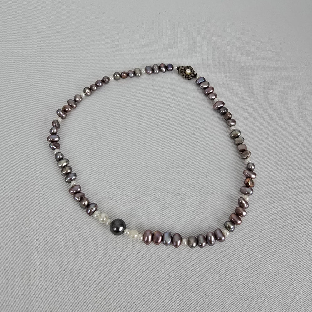 Vintage Baroque Freshwater Pearl Necklace Purple Grey White Pearls Floral Clasp