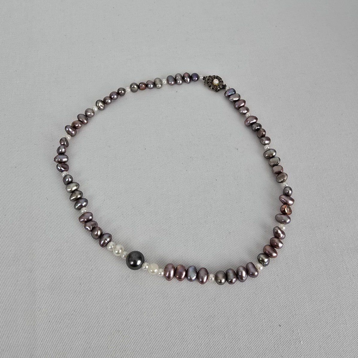 Vintage Baroque Freshwater Pearl Necklace Purple Grey White Pearls Floral Clasp
