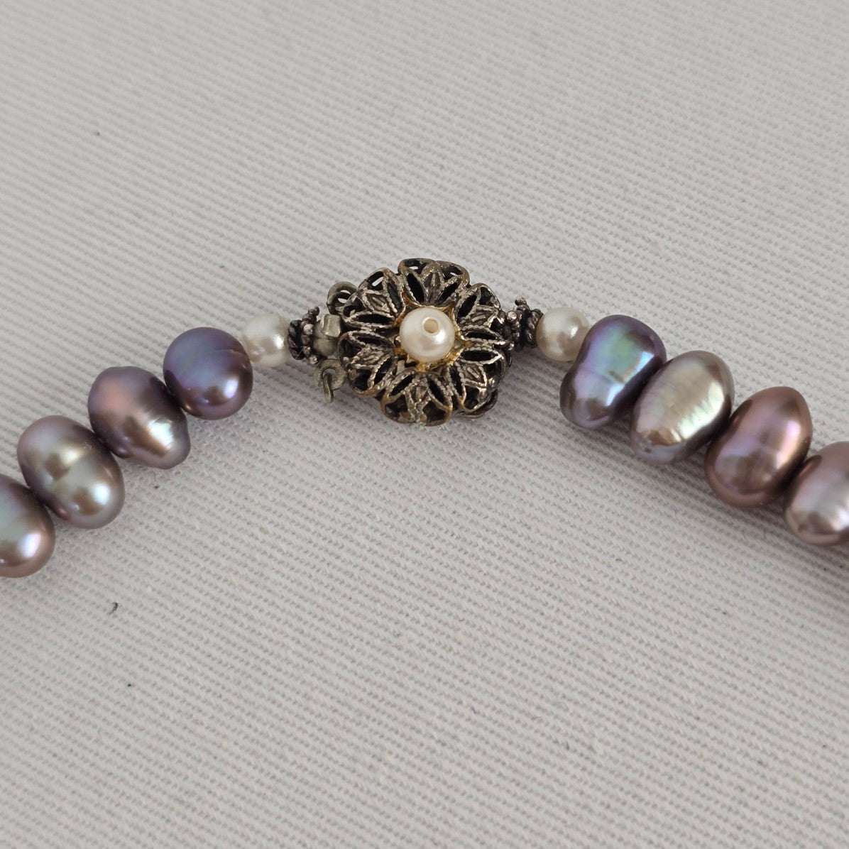 Vintage Baroque Freshwater Pearl Necklace Purple Grey White Pearls Floral Clasp