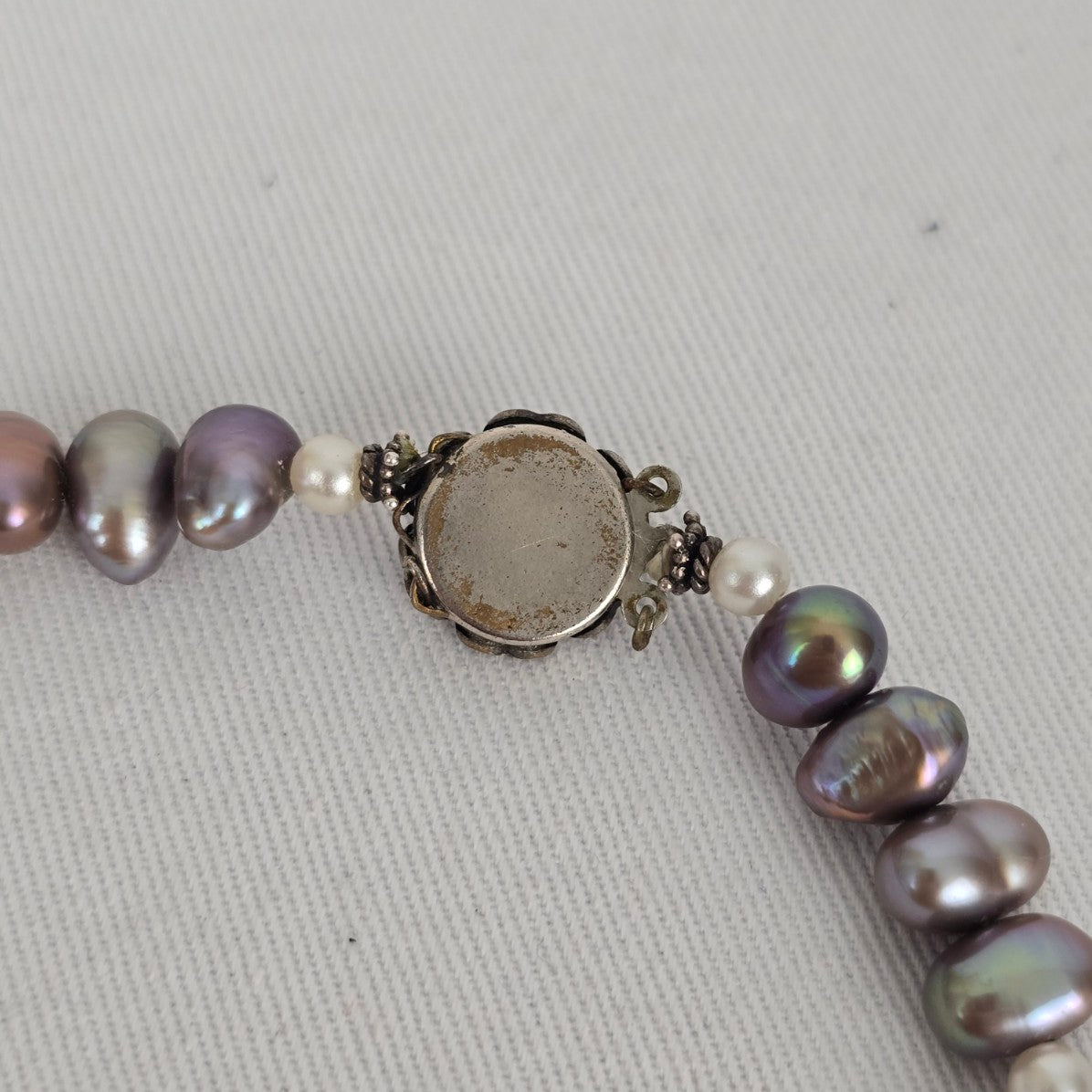 Vintage Baroque Freshwater Pearl Necklace Purple Grey White Pearls Floral Clasp
