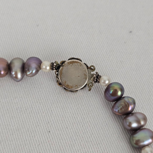 Vintage Baroque Freshwater Pearl Necklace Purple Grey White Pearls Floral Clasp