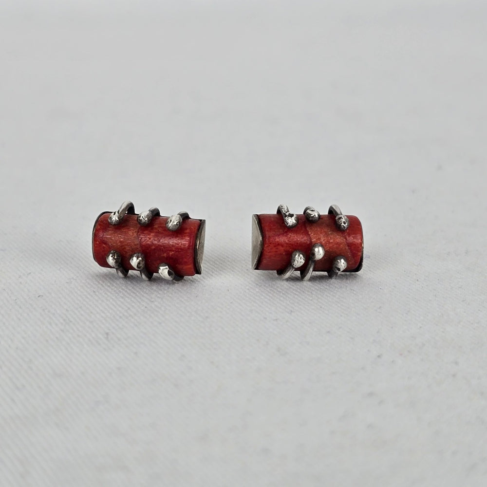 Vintage Sterling Silver Red Coral Barrel Stud Earrings Artisan Handmade Unique