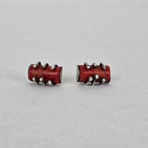 Vintage Sterling Silver Red Coral Barrel Stud Earrings Artisan Handmade Unique