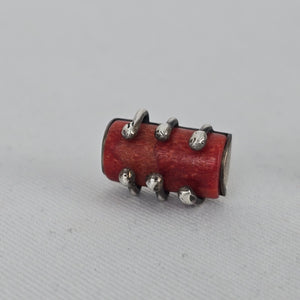 Vintage Sterling Silver Red Coral Barrel Stud Earrings Artisan Handmade Unique