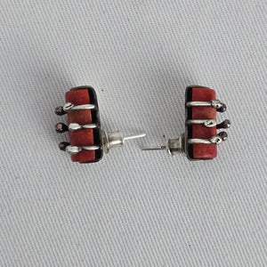 Vintage Sterling Silver Red Coral Barrel Stud Earrings Artisan Handmade Unique