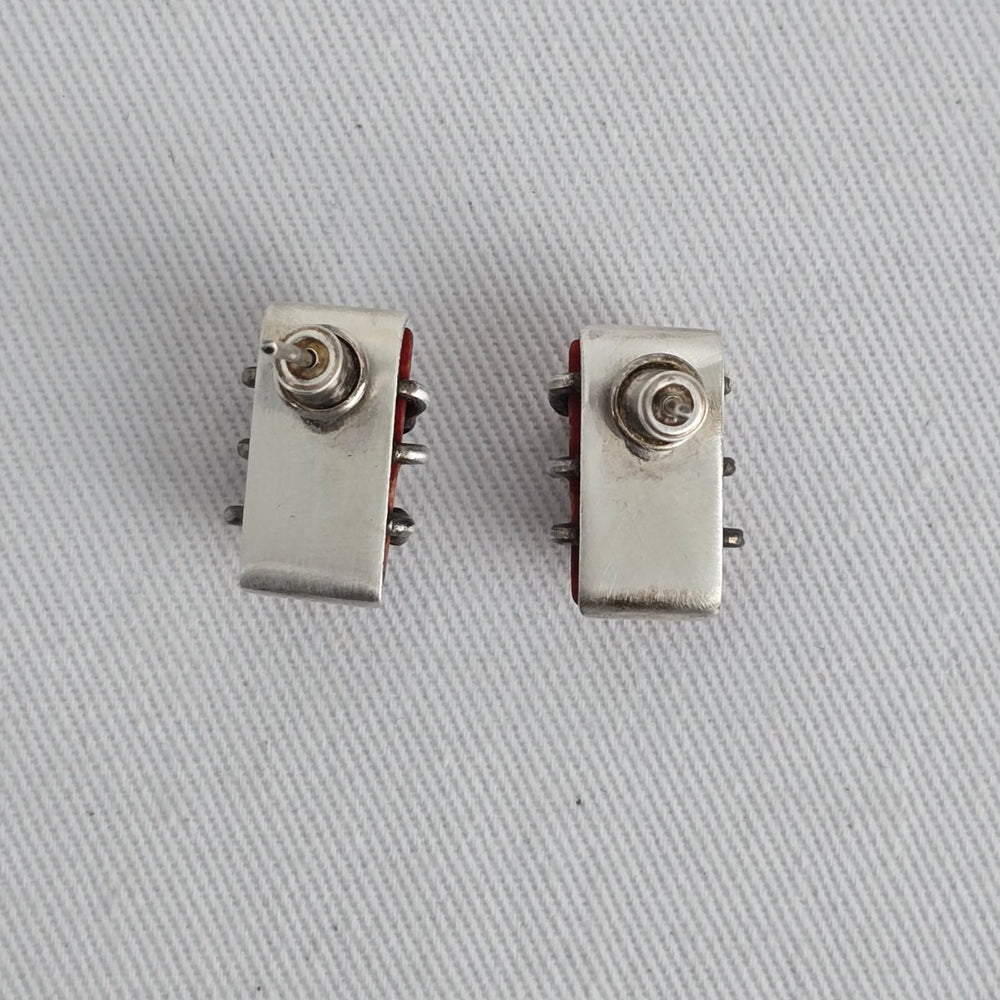 Vintage Sterling Silver Red Coral Barrel Stud Earrings Artisan Handmade Unique