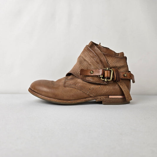 A.S.98 Airstep Leather Ankle Boots Brown Distressed Buckle Wrap Booties EU 38
