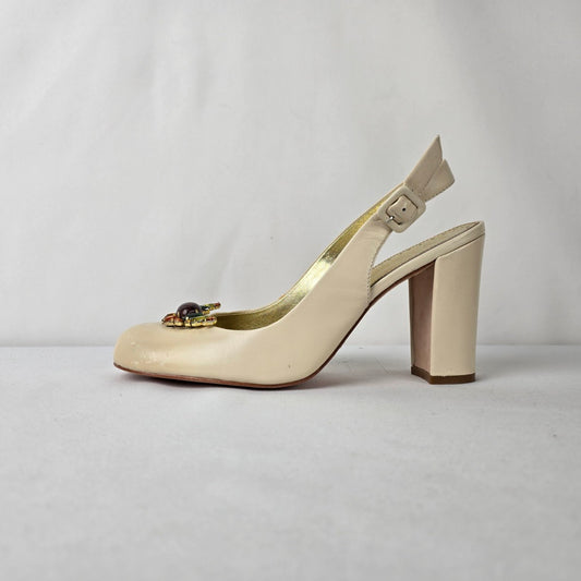 Tyler Richard Tyler Ivory Leather Slingback Heels Jewel Toe Block Heel Pumps Size 10
