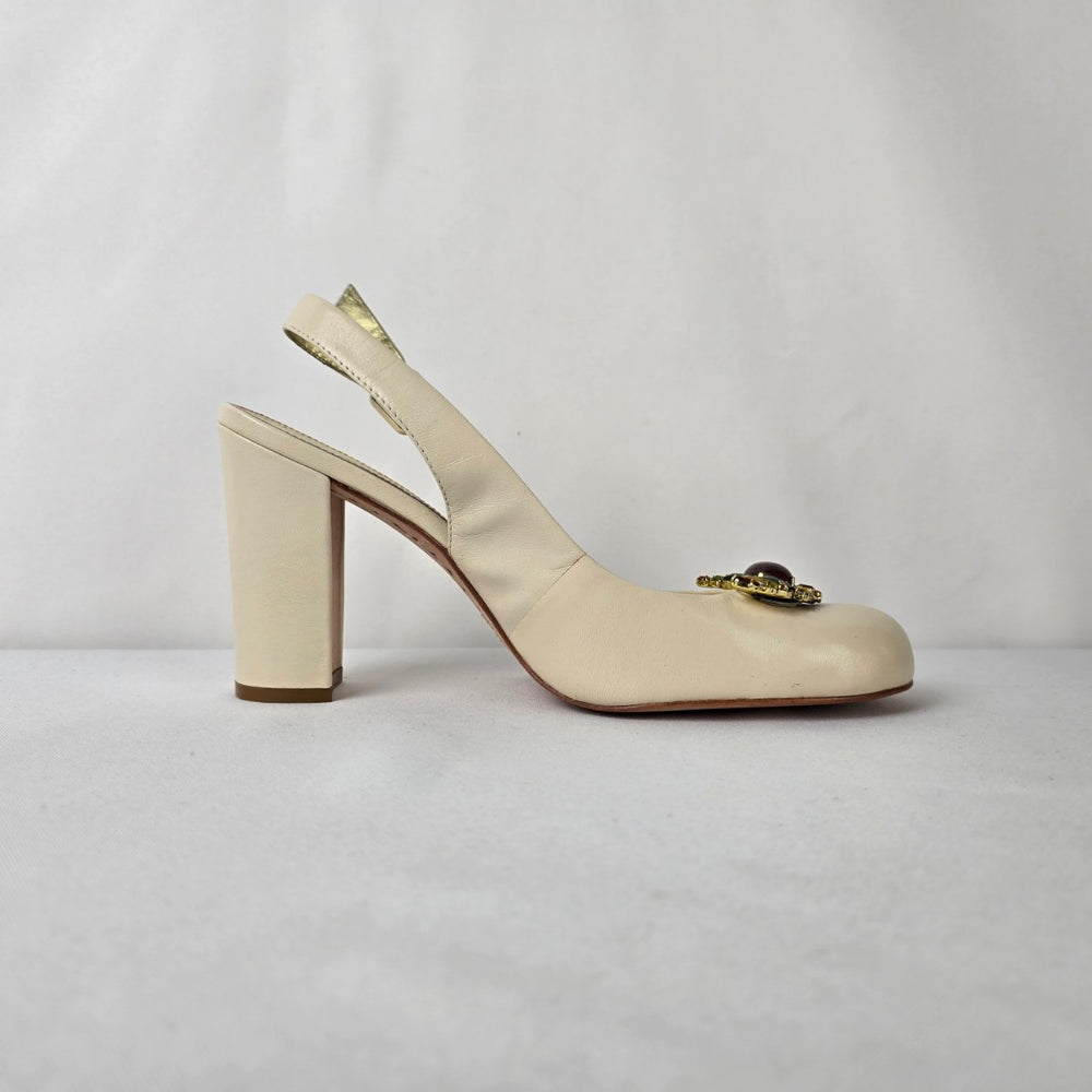 Tyler Richard Tyler Ivory Leather Slingback Heels Jewel Toe Block Heel Pumps Size 10