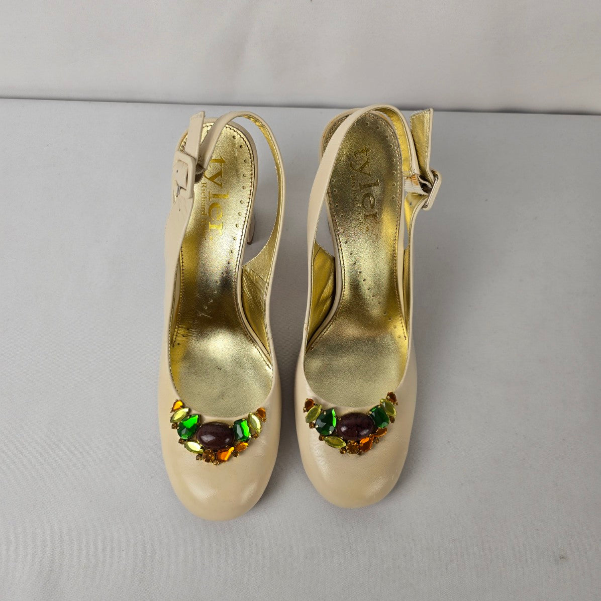 Tyler Richard Tyler Ivory Leather Slingback Heels Jewel Toe Block Heel Pumps Size 10