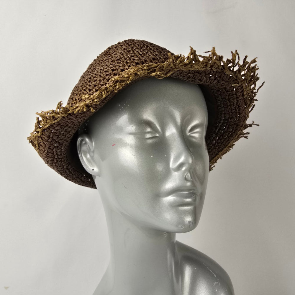 Glory Dobbs Woven Straw Bucket Hat Frayed Brim