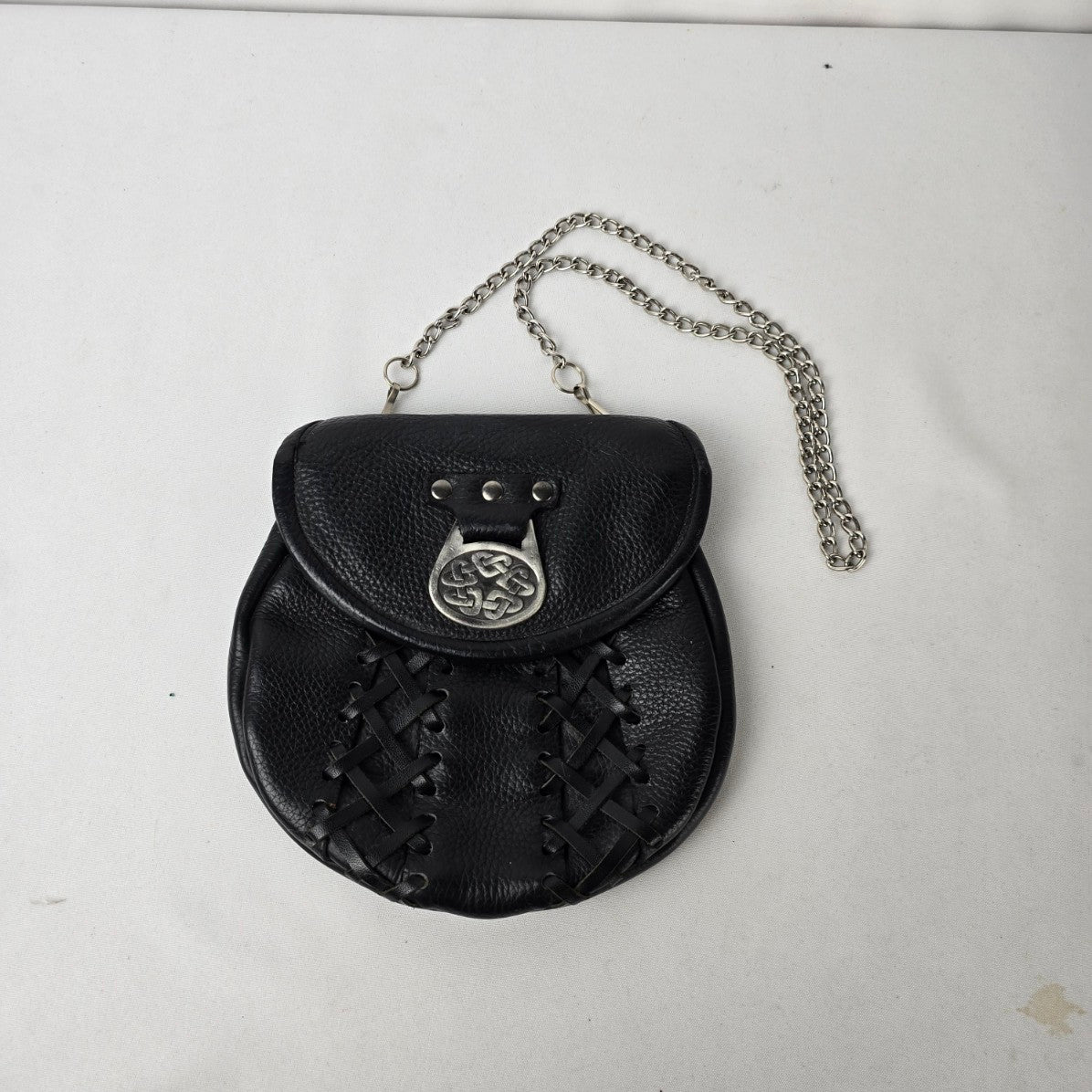 Scottish Leather Sporran Black Celtic Knot Kilt Purse Chain Strap