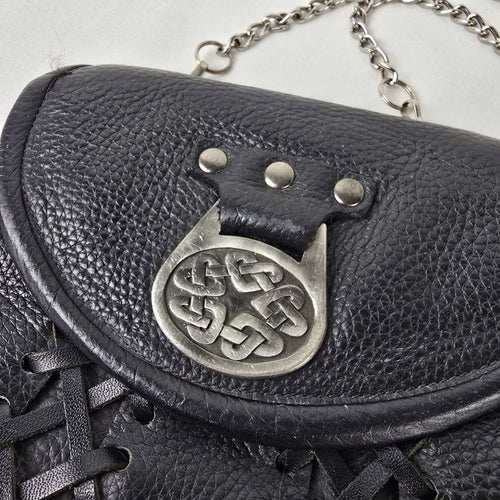 Scottish Leather Sporran Black Celtic Knot Kilt Purse Chain Strap