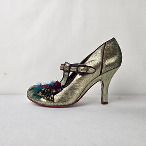 Irregular Choice Style Gold Mary Jane Heels Feather Bow Statement Size 7.5