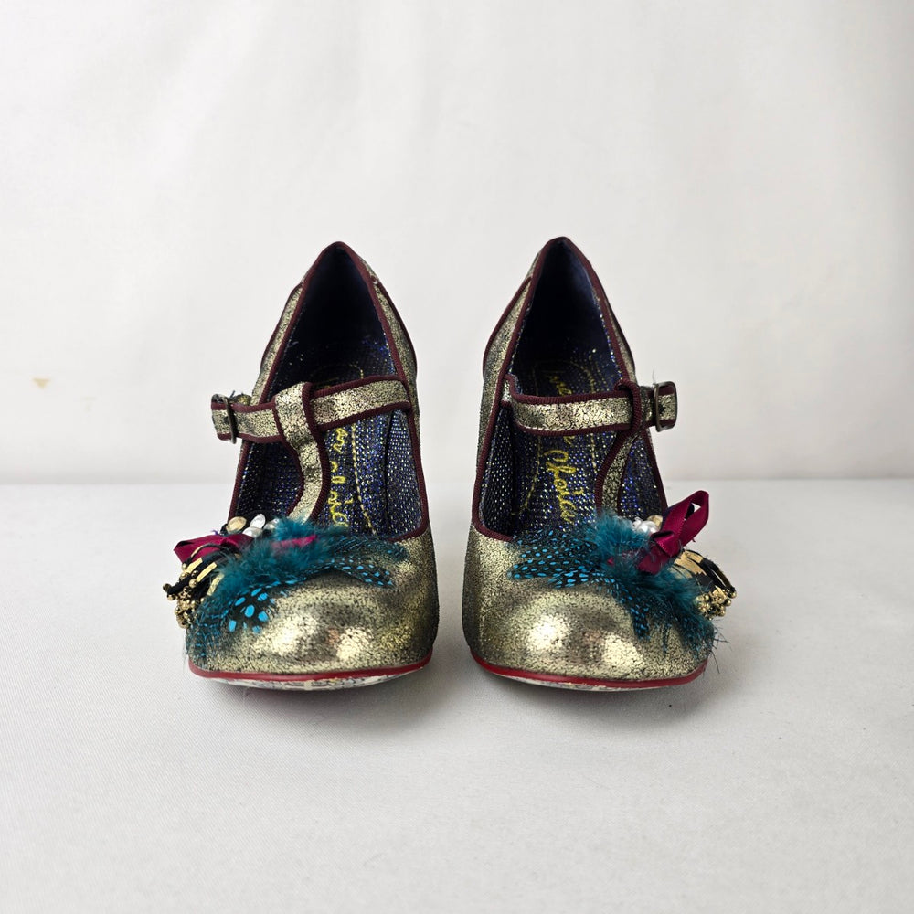 Irregular Choice Style Gold Mary Jane Heels Feather Bow Statement Size 7.5
