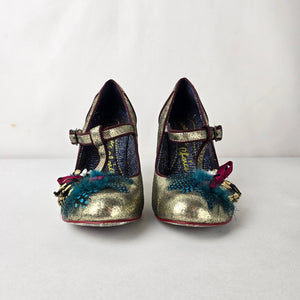 Irregular Choice Style Gold Mary Jane Heels Feather Bow Statement Size 7.5