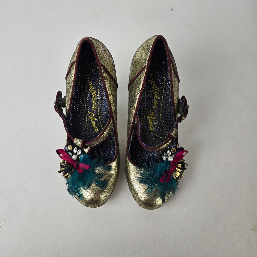 Irregular Choice Style Gold Mary Jane Heels Feather Bow Statement Size 7.5
