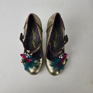 Irregular Choice Style Gold Mary Jane Heels Feather Bow Statement Size 7.5