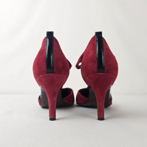 Naturalizer Focus T-Strap Heels Red Suede Black Cap Toe Pumps Size 6.5