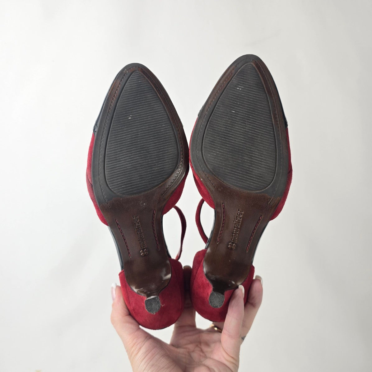 Naturalizer Focus T-Strap Heels Red Suede Black Cap Toe Pumps Size 6.5