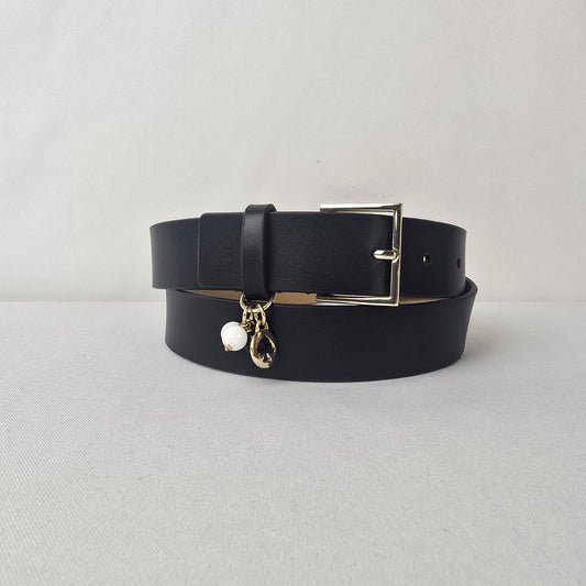 Kate Spade Black Leather Belt Gold Buckle Charm Detail Size M Minimalist Classic
