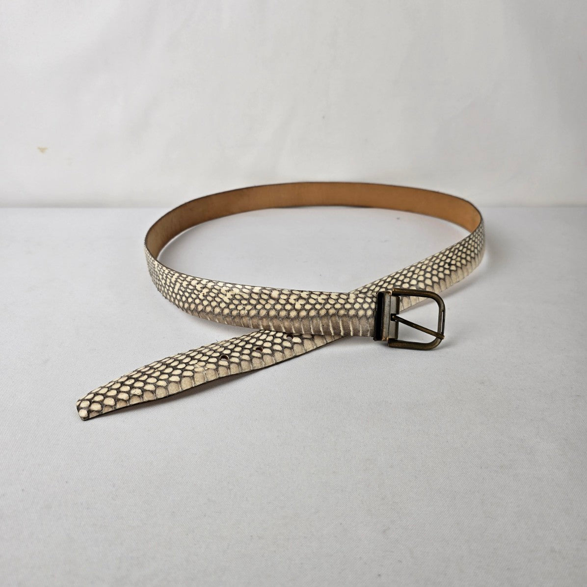 Italian Leather Snakeskin Embossed Belt Cream Brown Made in Italy Size L