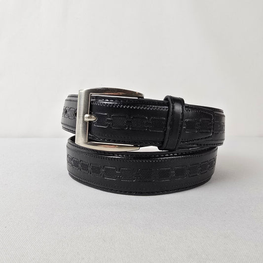 Gold Coast Black Leather Belt Embossed Pattern Silver Buckle Size M/L