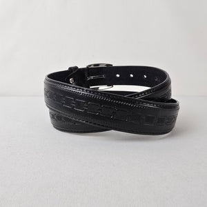 Gold Coast Black Leather Belt Embossed Pattern Silver Buckle Size M/L