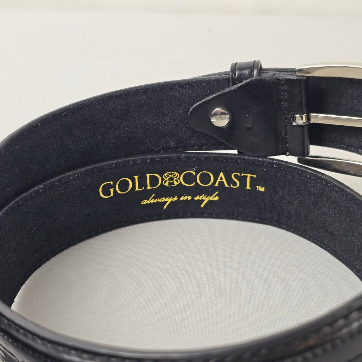 Gold Coast Black Leather Belt Embossed Pattern Silver Buckle Size M/L