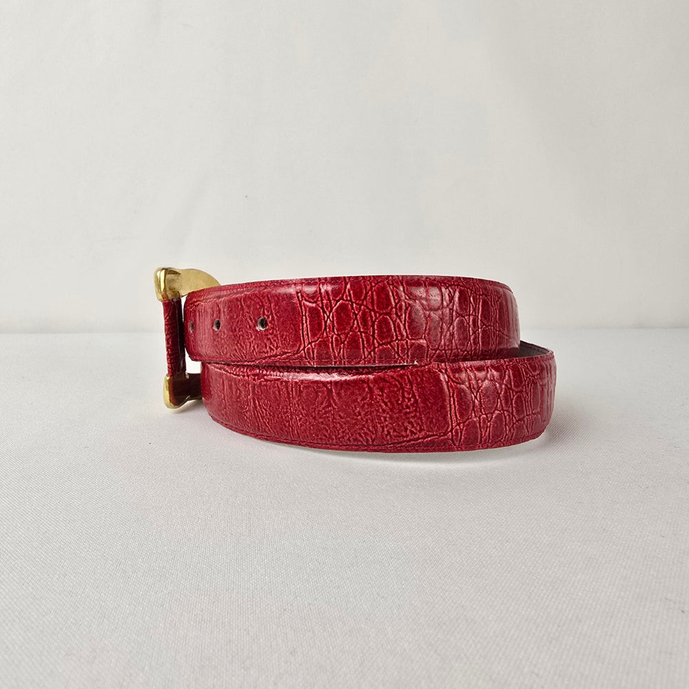 Vintage Red Croc Embossed Leather Belt Size M Gold Buckle Classic Statement Waist