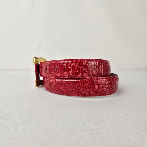 Vintage Red Croc Embossed Leather Belt Size M Gold Buckle Classic Statement Waist