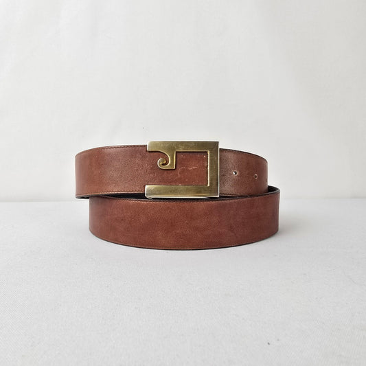 Pierre Cardin Leather Belt Brown Gold Buckle Designer Size L