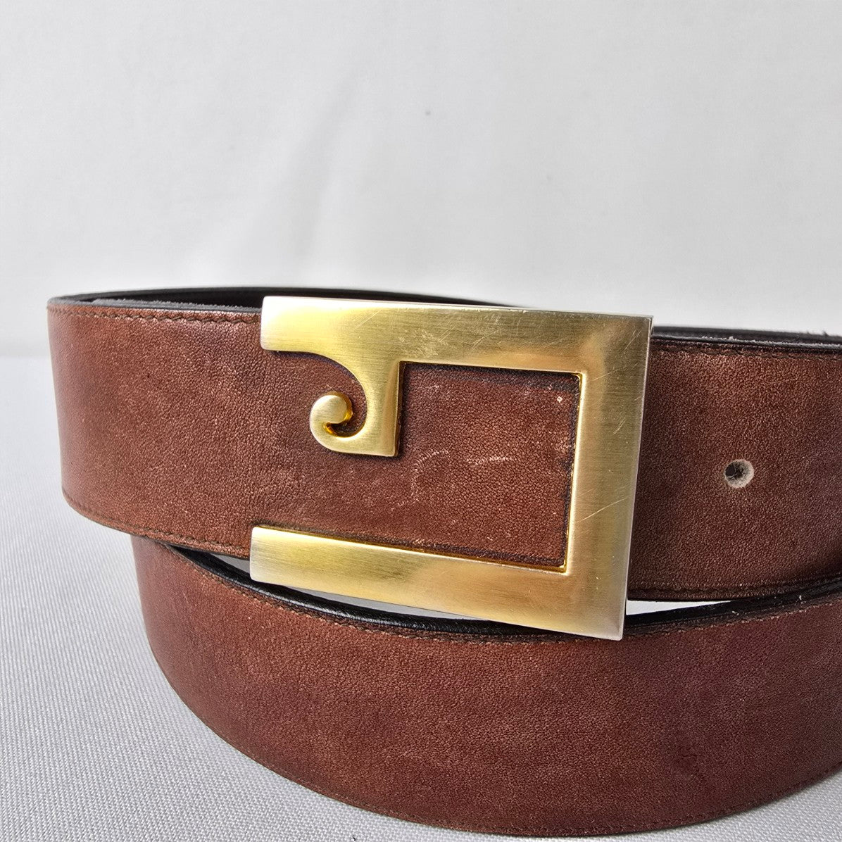 Pierre Cardin Leather Belt Brown Gold Buckle Designer Size L
