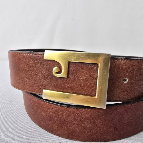Pierre Cardin Leather Belt Brown Gold Buckle Designer Size L