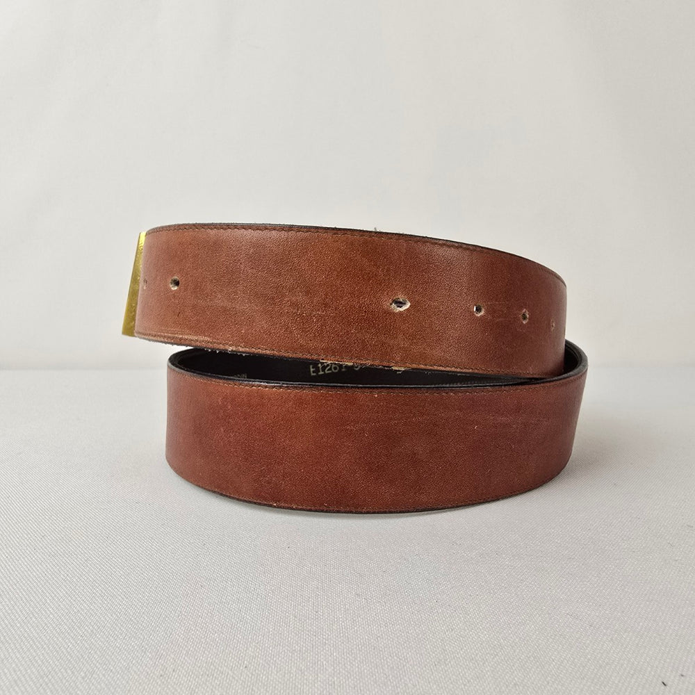 Pierre Cardin Leather Belt Brown Gold Buckle Designer Size L