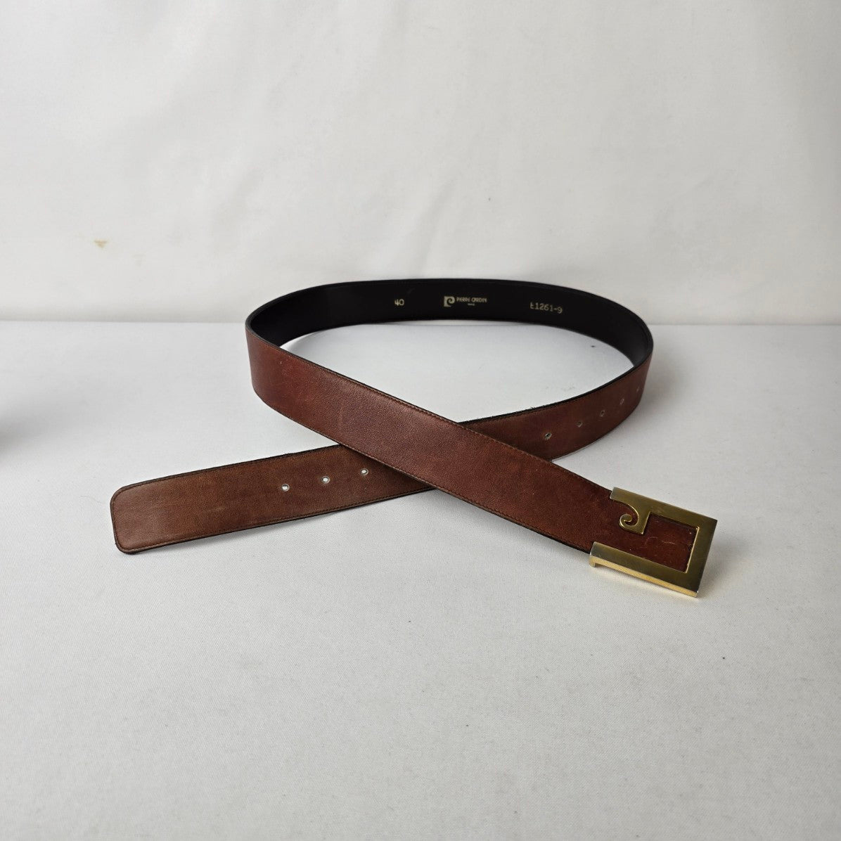 Pierre Cardin Leather Belt Brown Gold Buckle Designer Size L