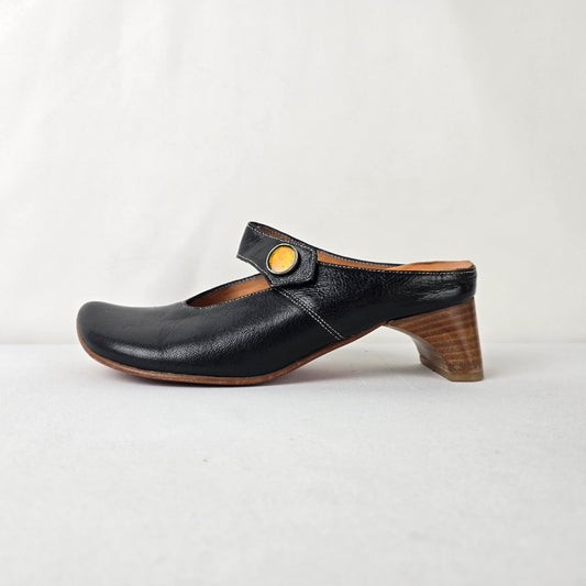 Think! Black Leather Clog Heels Mary Jane Strap Comfort Shoes Size 7.5