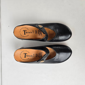 Think! Black Leather Clog Heels Mary Jane Strap Comfort Shoes Size 7.5
