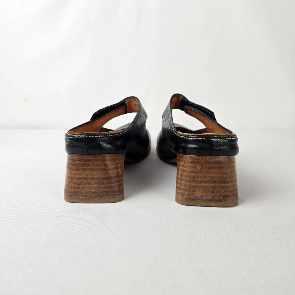 Think! Black Leather Clog Heels Mary Jane Strap Comfort Shoes Size 7.5