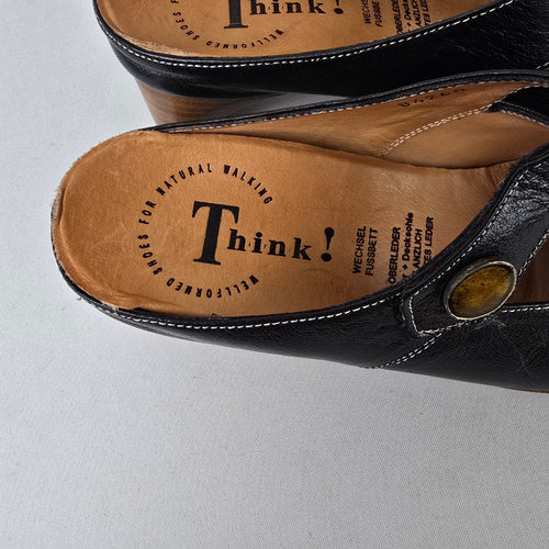 Think! Black Leather Clog Heels Mary Jane Strap Comfort Shoes Size 7.5