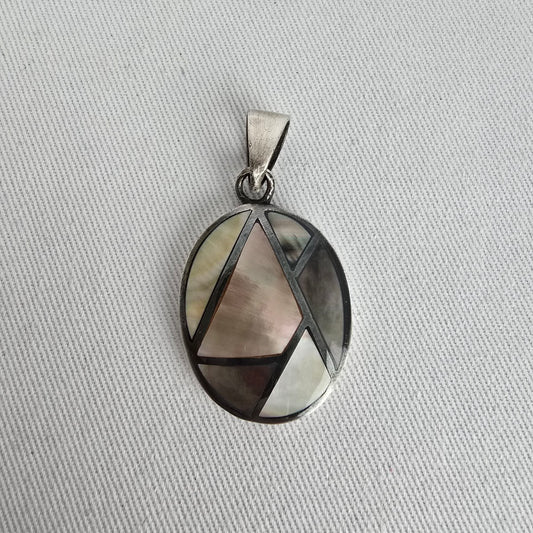Sterling Silver 925 Inlay Pendant Mother of Pearl Mosaic Oval