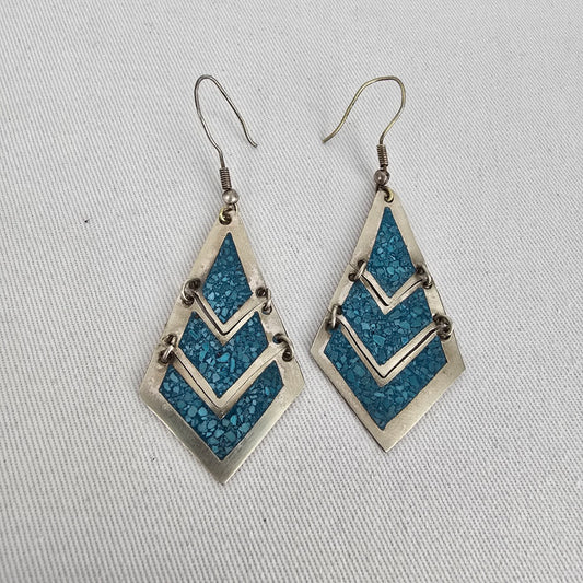 Alpaca Mexico Turquoise Inlay Dangle Earrings Southwestern Boho