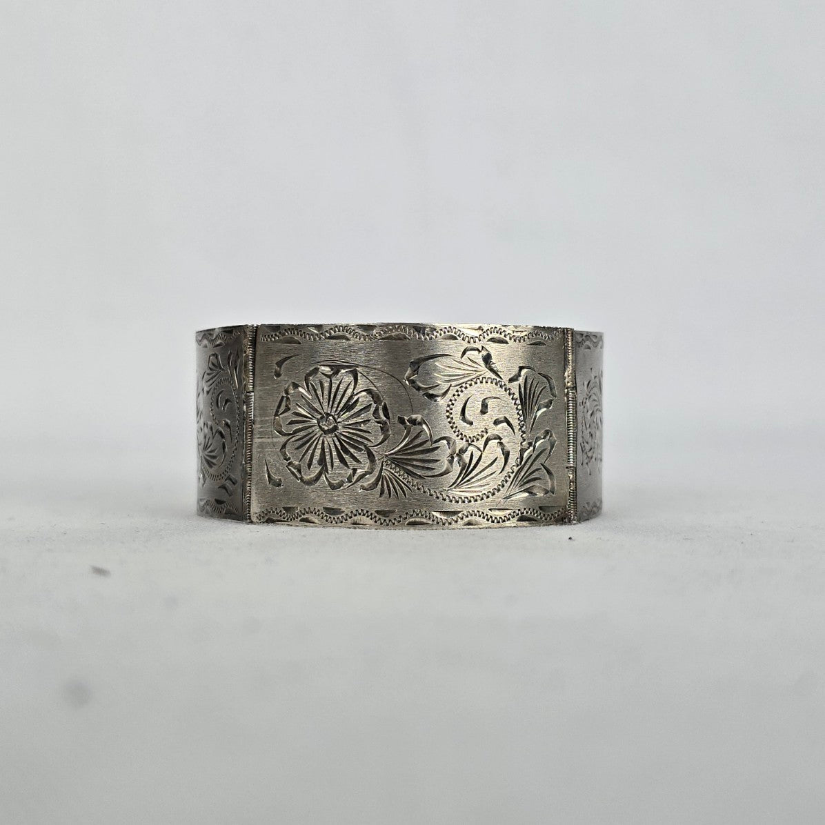 Sterling Silver 925 Wide Cuff Bracelet Floral Engraved Vintage
